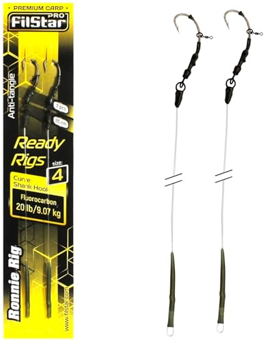 PRO FILSTAR Karpfenangeln Ronnie Rig Angelhaken N4, Fluorocarbon Vorfach | 20cm 9kg Anti Tangle Sleeve - Carp Fishing Curve Shank Hook - Pop Up Angel Köder - Boilies Haar Rig Karpfen Angeln Zubehör