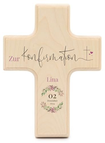 Kinderkreuz zur Konfirmation personalisiert - 19x14x1,5cm - Holzkreuz mit Namen und Datum - Konfirmationsgeschenk Mädchen - Geschenk für die Konfirmation - schöne Dekoration - UV-Druck - Kranz rosa