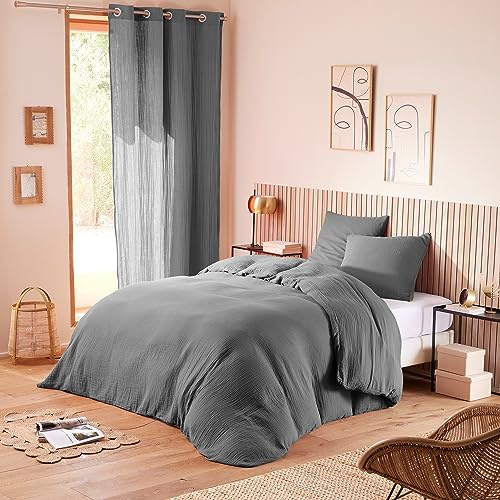 univers decor Parure de draps Noah Gaze de Coton pour lit 2 Places (Ardoise, Parure 4P pour lit 140 x 190 cm)
