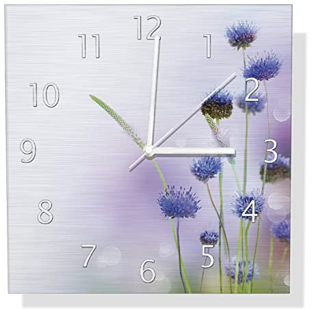 Wallario Design Wanduhr Abstrakte lila Blume aus Aluverbund, Alu-Uhr Größe 30 x 30 cm, weiße Zeiger mit Metalloptik