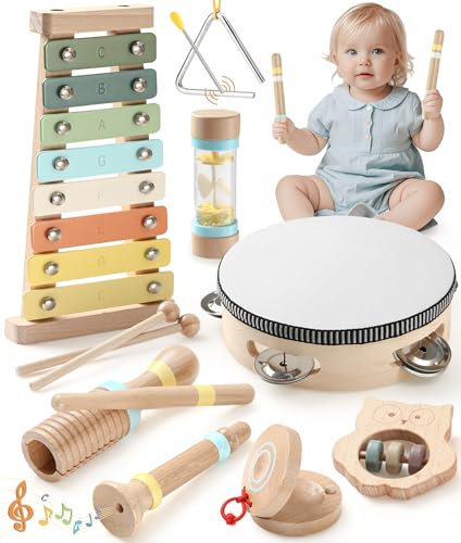 Musikinstrumente für Kinder Kinderspielzeug ab 1 2 3 Jahr, Holzspielzeug Musikinstrumente Trommel Xylophon Babys Spielzeug Geburtstagsgeschenke für Jungen Mädchen Montessori Spielzeug ab 3 Jahre