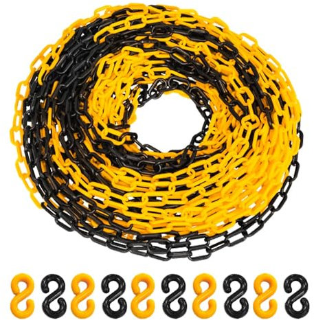 Berry 25 Meter 6MM Plastic Chain - Yellow & Black | Plastic Chain Link Roll with 10 Connector S-Hooks | Safety Chain for Construction, Road Safety, Caution Sign, Parking Chains