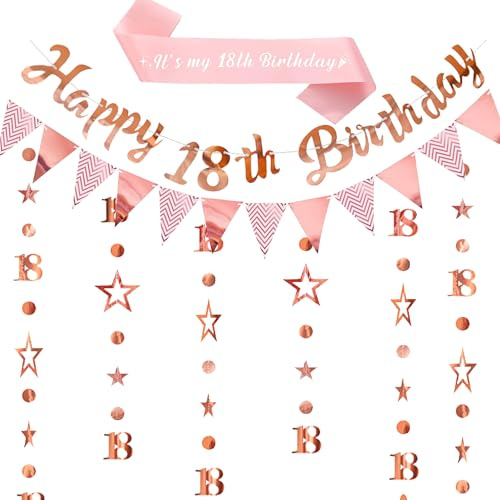 18th Birthday Banner Decorations Girls - Happy Birthday Party Decor Set with Glitter Garland, Rose Gold Sash Star Streamer Bunting for 18 Years Old Party Supplies