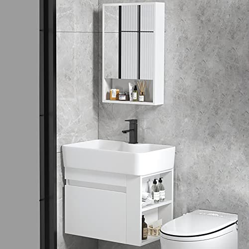 Moderno mueble de tocador de baño con fregadero, diseño flotante montado en la pared, incluye grifo caliente y frío, puerta de cierre suave, juego de almacenamiento de pared y diseño cuadrado