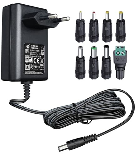 Adattatore di alimentazione 12 V 1,5 A 1,8 m, Adattatore di commutazione AC DC (ingresso 100-240 V, uscita 12 V 1,5 A), presa trasformatore a montaggio a parete con 8 prese intercambiabili, omologato