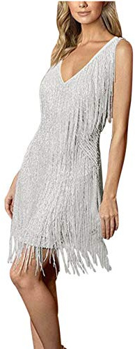 20er Jahre Kleid Damen Gatsby 1920er Kleider Fransenkleid Silber Flapper Dress Kurz Charleston Kostüm Paillettenkleid V Ausschnitt Karneval Fransen Fasching
