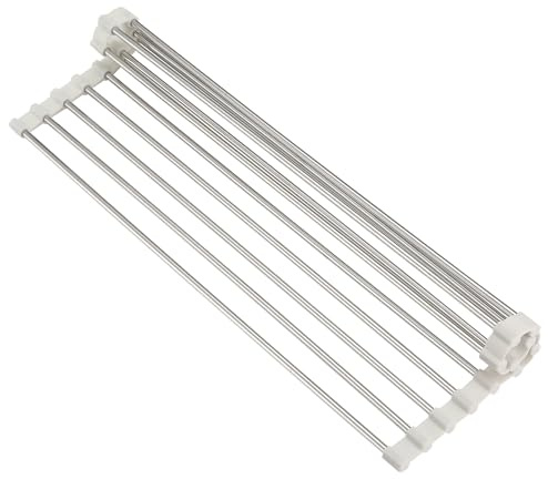 GENIYA Roll Up Dish Drying Rack, Over Sink Multipurpose Rack, 17.6 x 9.3 Stainless Steel Foldable Dish Drainer, White