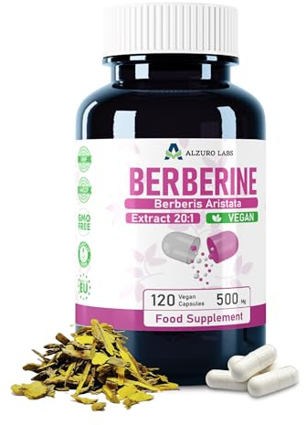 Alzuro Labs Berberina | 10.000 mg equivalente (500 mg 20:1 Estratto di Berberis Aristata) | 120 capsule vegane | stock di 4 mesi | GMP & Testato da Laboratorio Indipendente