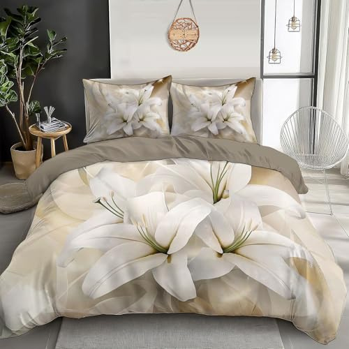 DLERFLOVR Bettwäsche 135x200cm Weiße Lilie Bettgarnitur Elegante Blumen Bettbezug Sets Bügelfrei und Knitterfrei Kissenbezug mit Reißverschluss und 1 Kissenbezug 80x80 cm