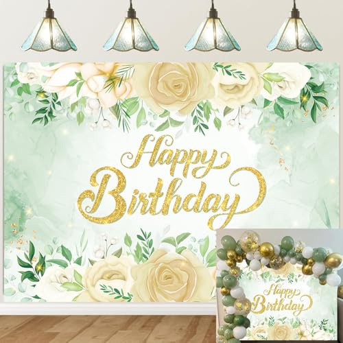 Greenery Toile de fond « Happy Birthday » à paillettes, feuilles d'eucalyptus vertes, dorées, fleurs blanches et roses pour photographie de filles et femmes, décorations de fête d'anniversaire (240 x