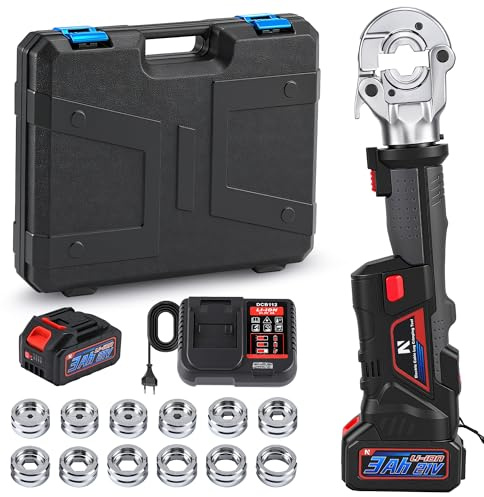 NEWTRY Akku Kabelschuhe Crimpzange 10-300 mm² Elektrisches Hydraulisches Crimpwerkzeug, 20V 3Ah*2 Presszange mit 12 Paar Presseinsätze für Kupfer-Aluminium-Kabelschuhe