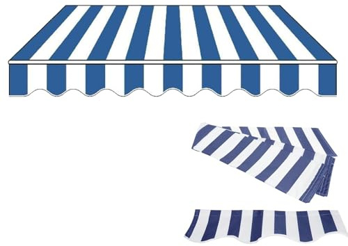 Tessuto di Ricambio per Tende da Sole con Mantovana, Telo di Ricambio per Tende Parasole Retrattile, Tela Parasole in Poliestere, Impermeabile, Strisce Blu e Bianche(20x16ft/600x500cm)