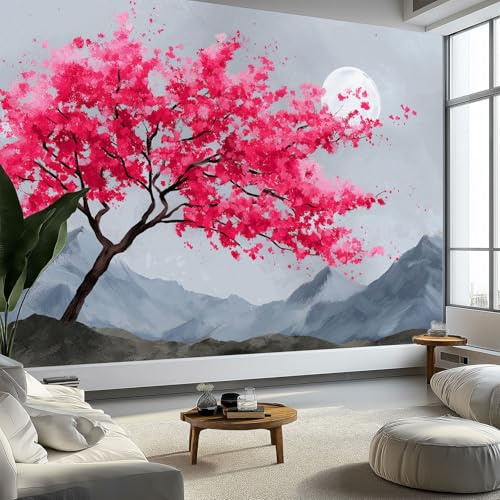 350 x 256 cm Papel pintado mural Gris Arte Papel tapiz Fotomural Montañas De Flores De Cerezo Japonesas, Moderna Decoración Tejido no Tejido Decoración De Pared Sala Cuarto