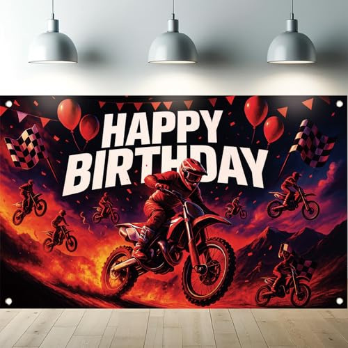 Saoplasa Motocross Racing Happy Birthday Backdrop Banner Dirt Bike Photography Background Racing Party Decorations Photo Booth Supplies 71x43 Inch