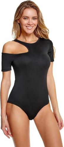 XFSRG Body Manga Corta Mujer Hombro Descubierto Bodysuit Elegante Reductor Moldeador Top Faja Moldeadora Reductora Vientre Plano Body Mujer Sexy Camiseta Monos(Negro/L)