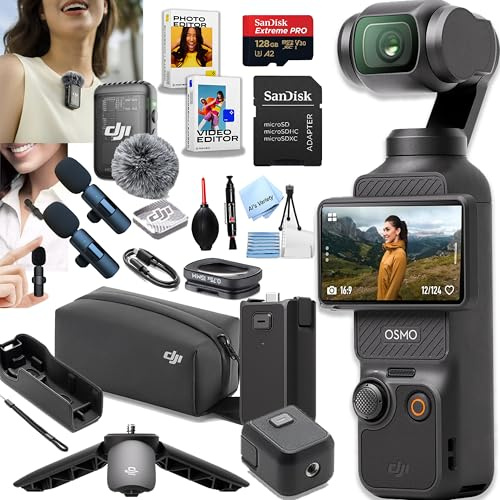 DJI Osmo Pocket 3 Creator Combo, cámaras de vlogging, cámara de vlog 4K/120fps, estabilización de 3 ejes, seguimiento de rostros/objetos, micrófono incluido + memoria de 128 GB, 2 micrófonos, software