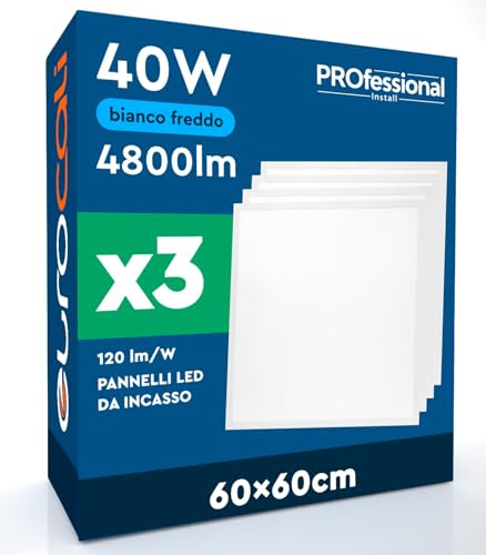 3 Pannelli LED 60x60 40W Quadrati da Incasso 4800 Lumen - Luce Fredda 6500K - Plafoniera da Ufficio Alta Luminosità 120 lm/W Lampada da Soffitto per Controsoffitti Modulari