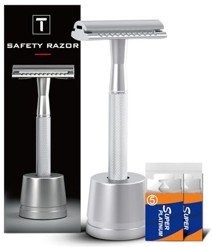 THURLADY Single Blade Safety Razors for Men, Shaving Razor Kit, with 10 Double Edge Blades and 1 Stand, Stainless Steel Reusable Metal Razor, Holiday Gifts for Men Him Husband Dad Son Brother