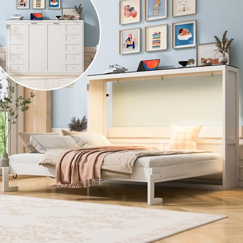 SOFTSEA Queen Size Horizontal Murphy Bed Cabinet, Farmhouse Foldable Wall Bed with LED Lights, Wood Hidden Murphy Bed Frame for Home Office Small Space, White