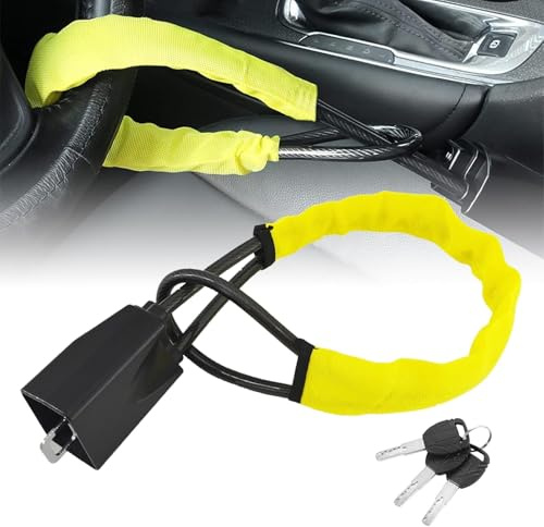 Universal Car Steering Wheel Lock, High Visibility Seat Belt Lock with 3 Keys, Upgraded Aluminium Lock Head & Cut-Resistant Cable, Heavy Duty Anti-Theft Device for Cars, Vans & SUVs, Yellow