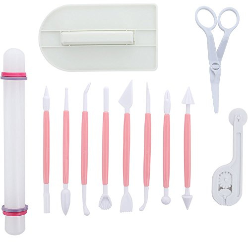 ScivoKaval Marshmallow Fondant Cake Decorating Hand Tool 12 Pcs 5 Sets Sugarcraft Gumpaste Icing Smoother Rolling Pin Trimmer Cutter Embosser Flower Scissor Modelling Accessories Supplies Kit Pink