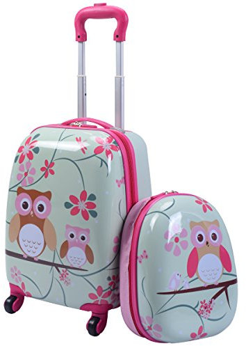 GOPLUS Kinderkoffer mit Rucksack, Kids Trolley, Kindergepäck mit Rollen, Reisekoffer mit Teleskopgriff, Hartschalenkoffer für Kinder, Kindertrolley Farbwahl (Eule, 12+16)