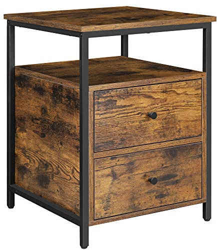 VASAGLE Nachttisch, Beistelltisch, 45 x 45 x 60 cm, mit offenem Fach, 2 Schubladen, für Wohnzimmer, Schlafzimmer, rustikales Braun und Schwarz LET067B01
