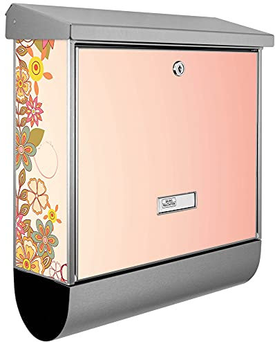 banjado® Burgwächter Briefkasten Edelstahl 38x39x12cm mit Motiv WT Lustige Blumen/Briefkasten Edelstahl ohne Zeitungsfach/Briefkasten grau/Postkasten inkl. Montagematerial & 2 Schlüsseln