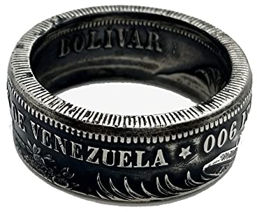 Coinring, Münzring, Ring aus sehr alter Münze (5 Bolivar, Venezuela von 1924), 900er Silber - Double Sided coin ring - Größe 73, handgeschmiedetes Unikat