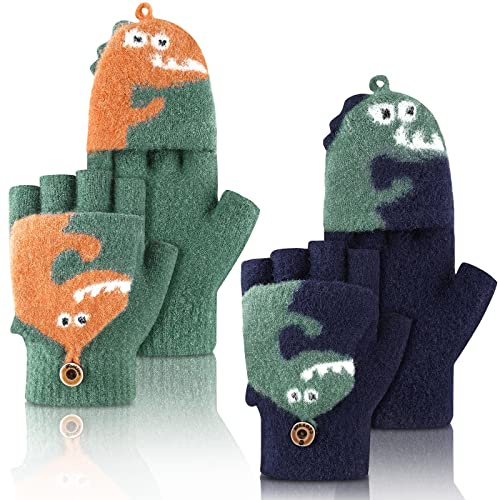 SATINIOR 2 Pairs Winter Fingerless Gloves for Kids Toddler Finger Mittens Knit Convertible Half Finger Mitten Flap Aged(3-10 Years,Dark Green, Dark Blue)