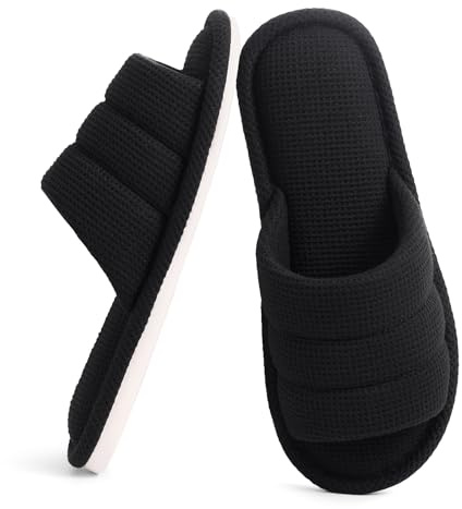shevalues Summer House Slippers for Women Men Breathable Waffle Indoor Slippers Slip-on Open Toe Home Shoes, Black 7.5-8.5 Women Men/6-7men