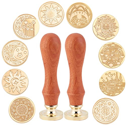 CRASPIRE 12 STÜCK Wachssiegelstempel-Set Mond Und Sonne Thema 10 STÜCK Siegelwachs-Stempelköpfe Mit 2 STÜCK Universal-Holzgriffen Für Einladungen Karten Geburtstag