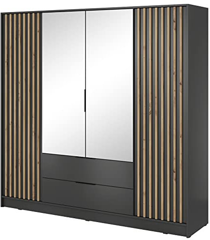 Furniture24 Kleiderschrank Nelly 4D Schrank mit Spiegel 2 Türiger 2 Schubladen Graphite Drehtürenschrank