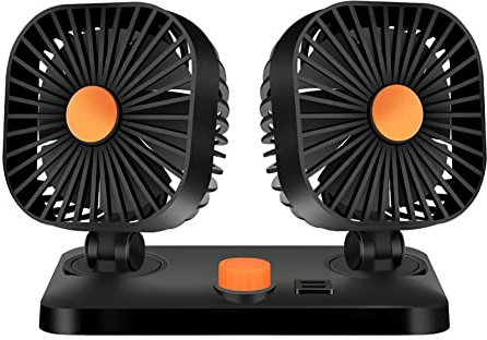 Auto Mini Doppelkopf Ventilator,Auto Elektrischer Ventilator 360 Grad Drehbarer Einstellbarer Lüfter Tragbarer Mini Heim Ventilator mit 2 USB Ladeanschlüssen für 12V-24V SUV RV ATV Big Truck