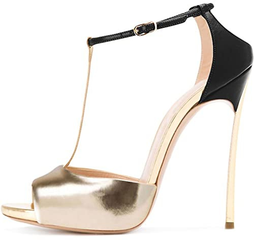 WOkismD High Heels Stiletto Sandals for Women - T-Strap Pumps Heel Sandals - Women's Color Block Open Toe Stilettos High Heels for Dressy Wedding Party - 4.3 in Gold Pink