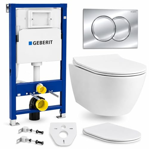 BADLAND WC Set – Geberit Duofix Basic UP100 Vorwandelement + Wand-WC Desna + Betätigungsplatte Delta01 in Weiß/Chrom/Schwarz + Slim WC-Sitz mit Soft-Close + Schallschutzmatte (Chrom)