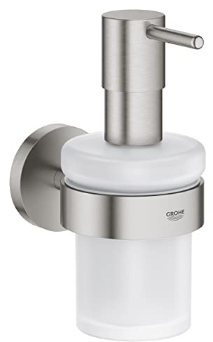 GROHE QuickFix Start, Dispenser sapone con supporto metallo e vetro, 160 ml, fissaggio nascosto, viti e tasselli inclusi, facile da montare con GROHE QuickGlue, Super Steel, 41195DC0