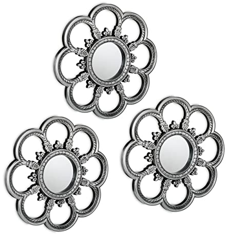 Relaxdays Spiegel 3er Set Blume, runde Zierspiegel, Wohnzimmer, Flur, Dekospiegel, Ø je 26 cm, Kunststoff-Rahmen, Silber