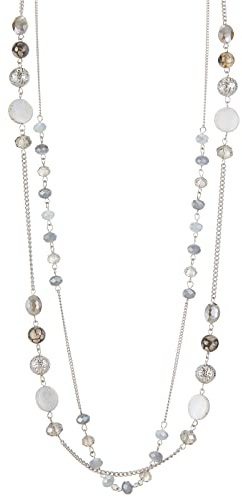 FULU AUTUMN Damen Statement Kette Lange Perlenkette Silber Chain Zwei Strang Modeschmuck Halskette Geburtstagsgeschenk