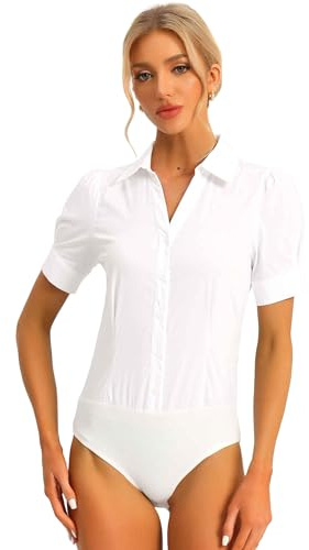 Allegra K Women's Button Down Leotard Shirt Short Sleeve Collared Business Work Bodysuit Tops Medium White