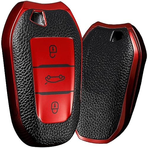 KUNIO Schlüsselhülle Passt für Peugeot 308 408 508 208 2008 3008 4008 5008 Passt für Citroen Grand C4 Picasso C4L C6 C3-XR TPU Leder-Textur Schlüsseletui Autoschlüssel Hülle 3 Tasten Rot