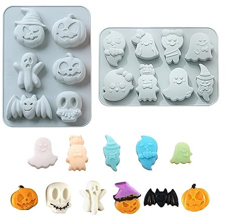Fyfjur Silikonform Halloween, 2 Stück 14 Stile Silikon Schokoladenform, Kürbis Schädel Geist Schläger Halloween Schokoladenform, Silikonformen, Pralinenform für SüßIgkeiten, Schokolade, Gelee (Blau)