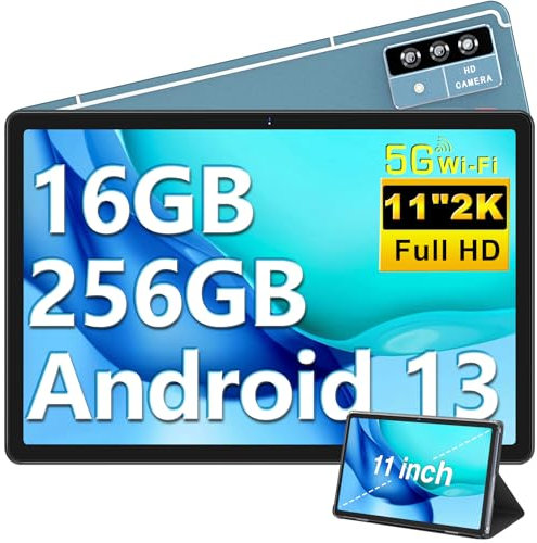 2025 Newest 2K+ Tablet 11 Pulgadas, 16GB RAM+256GB ROM(TF 1TB), Android Tablets 2000*1200 Pixels, 8-Core 2.0GHz, 4-Altavoces, Baterías 8600mAh, 5G WiFi, BT 5.0, GMS Certified Tablet con Funda - Azul