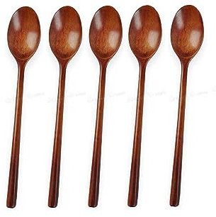 Pokinge Lot de 5 cuillères à soupe en bois respectueux de l'environnement - Cuillère ovale en bois naturel avec long manche pour manger, mélanger, mélanger