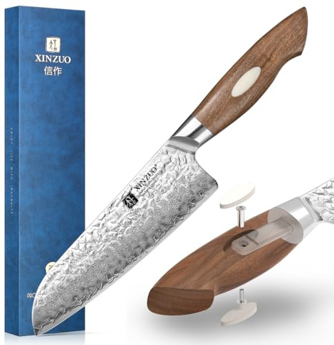 XINZUO 18.5cm Santokumesser Japanisches AUS-10 Damaststahl, Hammerschlagoberfläche Küchenmesser profi Chefmesser, Handgeschmiedet Multifunktions Kochmesser mit Schwarzem Walnuss Holzgriff
