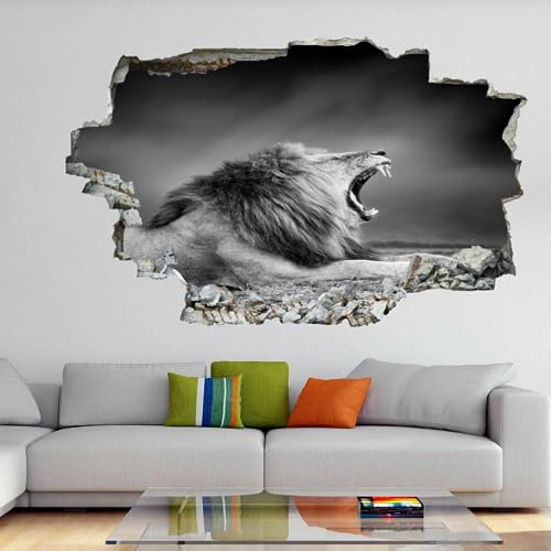 Wandsticker 3D Durchbruch Löwe Wandtattoo kinderzimmer Deko Schwarze Und Weiße Tiere Wand Aufkleber Selbstklebend Wandbild für Junge Mädchen Teenager Zimmer Wohnzimmer Schlafzimmer 90x60cm