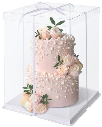 Warmiehomy Clear Cake Box, 10 inch Tall Cake Box, Transparent Cake Boxes, Plastic Cake Gift Boxes with Base and Ribbon, Large Gift Box for Birthday Wedding Christmas Party