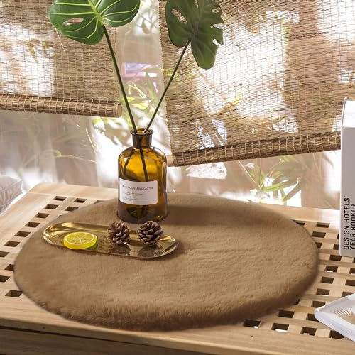 Kunst-Fell-Teppich Deko Sitzkissen | Flauschige Stuhlauflage für Schlafzimmer, Wohnzimmer oder Kinderzimmer | rutschfest und waschbar | Braun - Rund 30cm