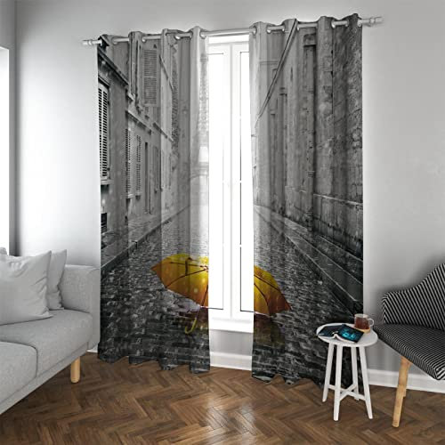 PARREN Paris Straßenlandschaft Verdunkelungsvorhang Gelber Regenschirm Drucke Thermovorhänge Raumverdunkelung für Wohnzimmer Home Office 2 Paneele 245x300cm