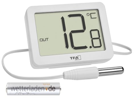 TFA Dostmann Digitales Innen-Außen-Thermometer, 30.1066, inkl wasserdichter Temperaturfühler, Höchst- und Tiefstwerte, mit Magnet/Ständer, (weiss mit Batterie)